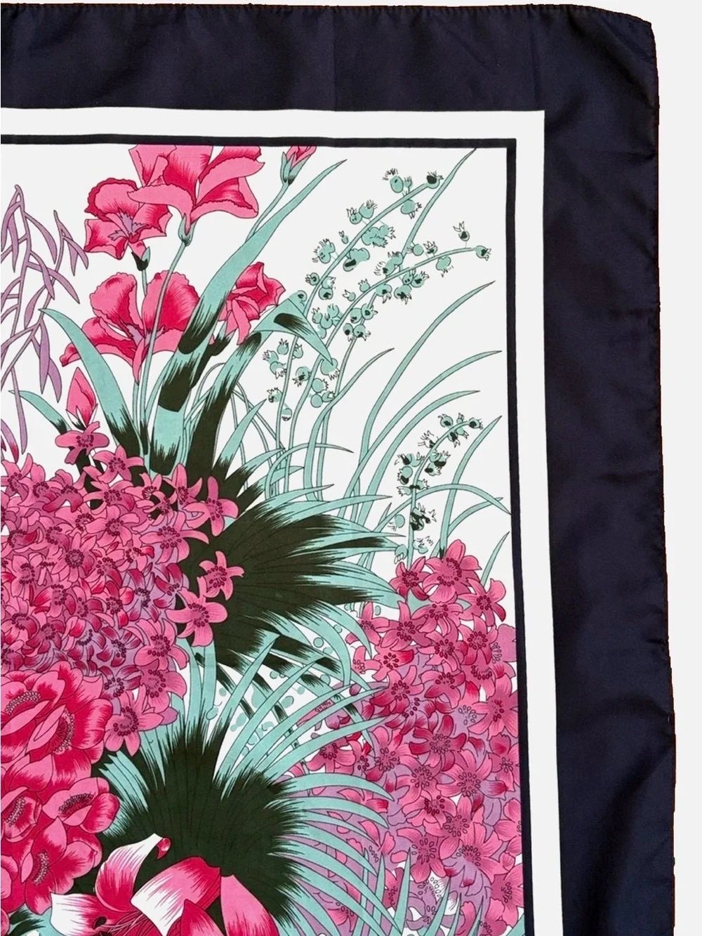 Floral Square Scarf Pink Navy Botanical 27 x 27 Rose Hydrangea Lily
